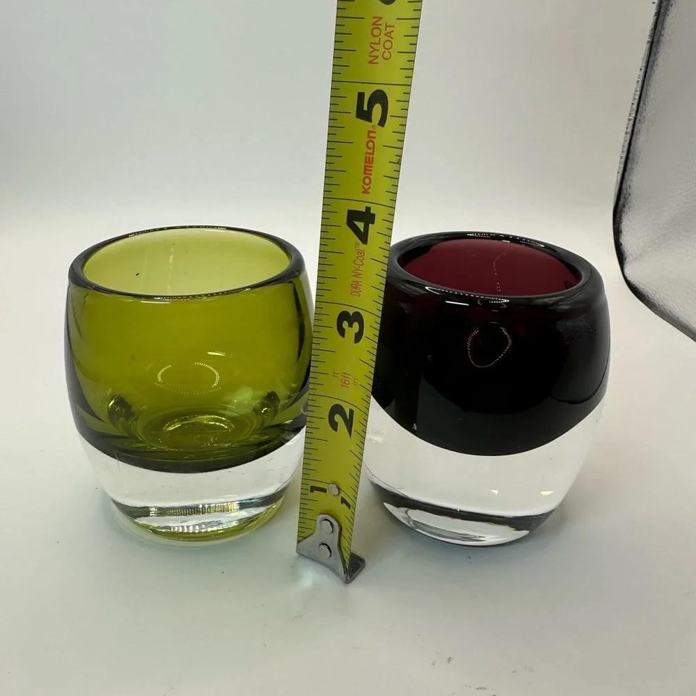 Set of Two Glass Candle Holders - Green and Dark Red